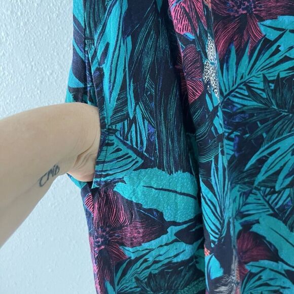 Ann Taylor Loft Linen Tropical Dress Womens Sz14 Blue Short Sleeve Tie Waist - Picture 6 of 10